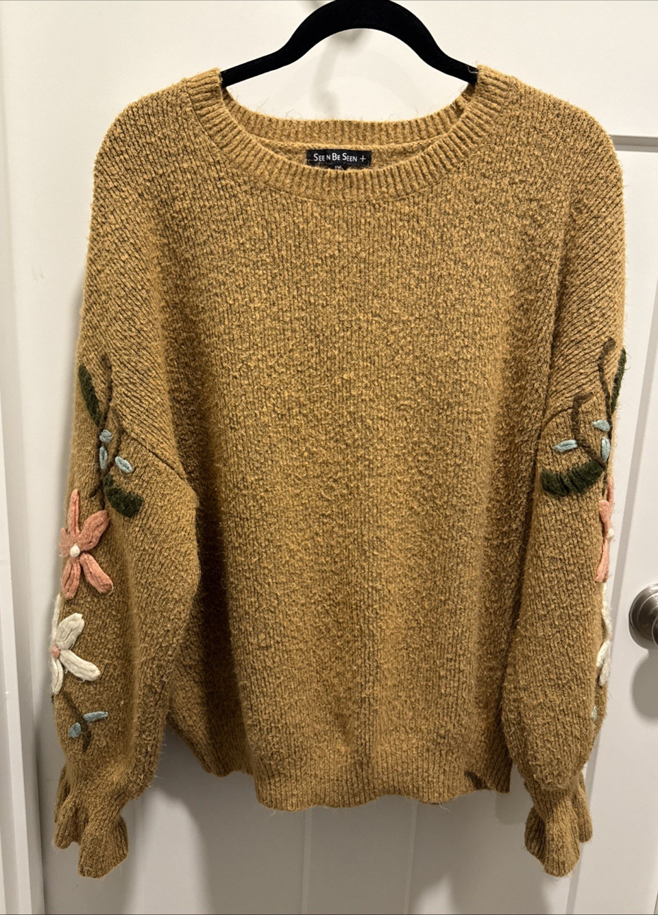 See And Be Seen Brown Floral Embroidered Ruffle Cuff Sweater 1X Boho Cottage